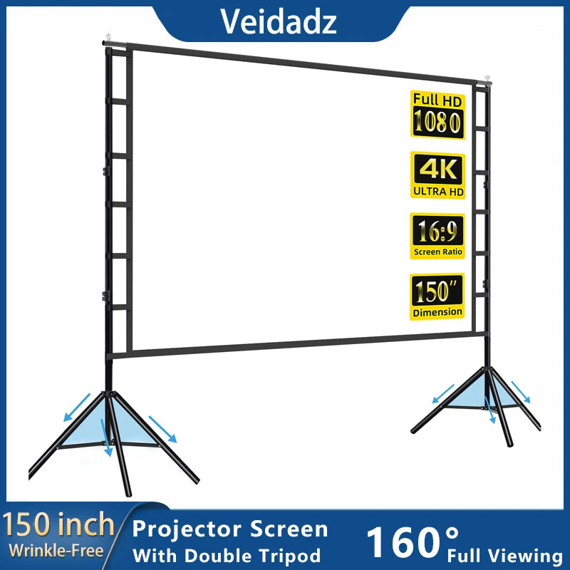 VEIDADZ Projector Screen With Stand White Wrinkle-Free 160° Viewing Angle 60-150 inch Double Sided Screen Home Theater Outdoor